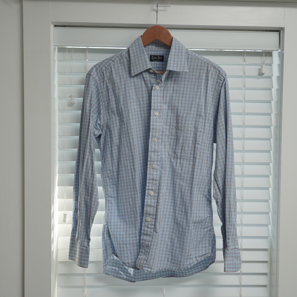 Gitman Bros blue check dress shirt spread collar size M made in USA